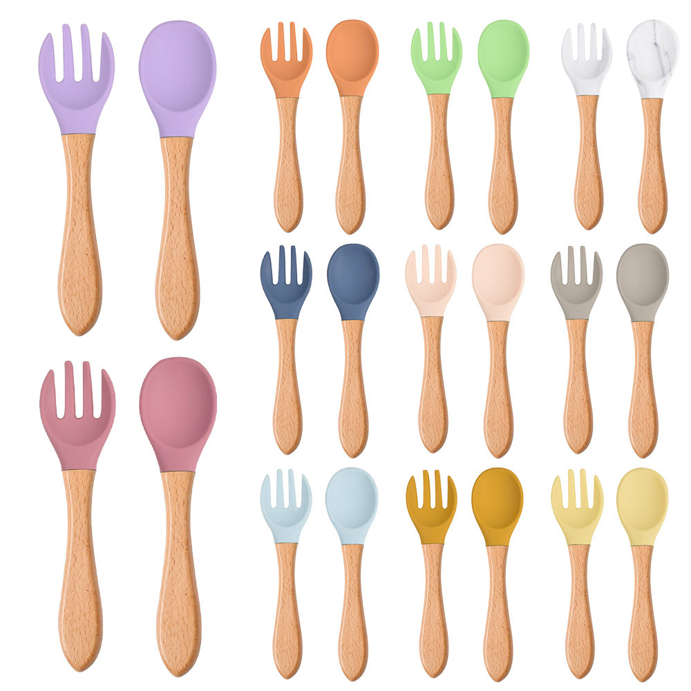 Baby Food Utensil - 2 개/대 나무 손잡이와 아기 실리콘